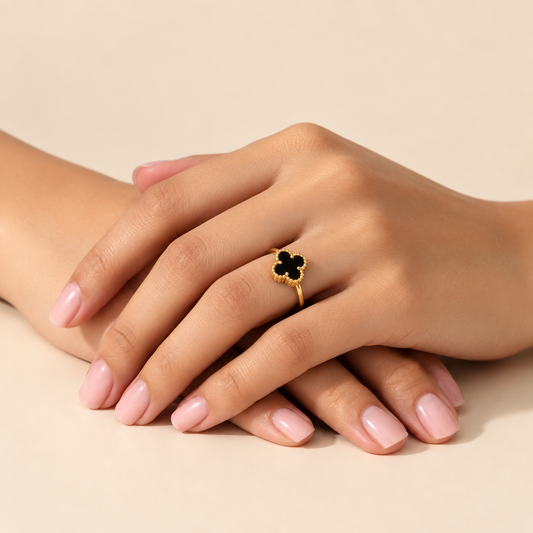 18k Gold Plated Black Clover Charm Ring
