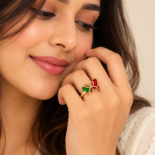 Rose Gold Plated Red & Green Stone Bow Ring