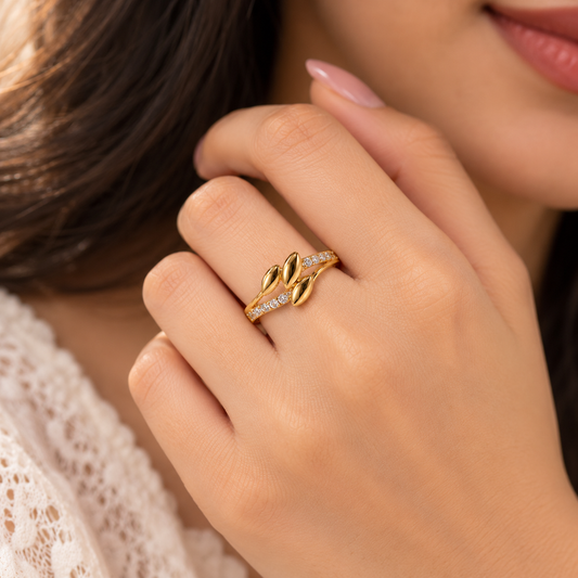 18K Gold Plated Triple Leaf Sparkle Ring for Women