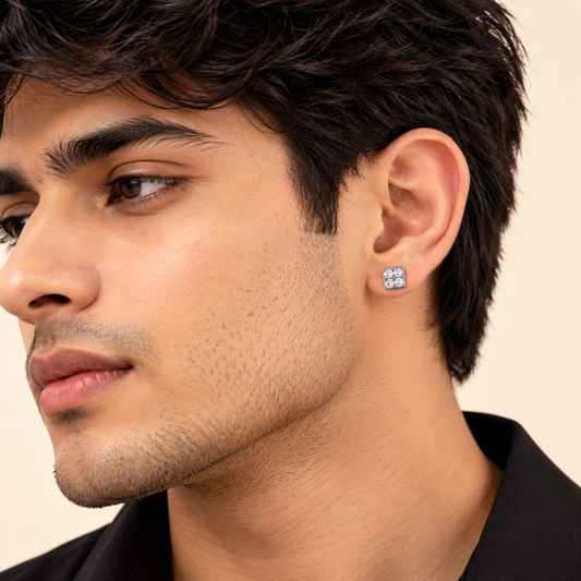 Men - Silver Square Crystal Stud Earring
