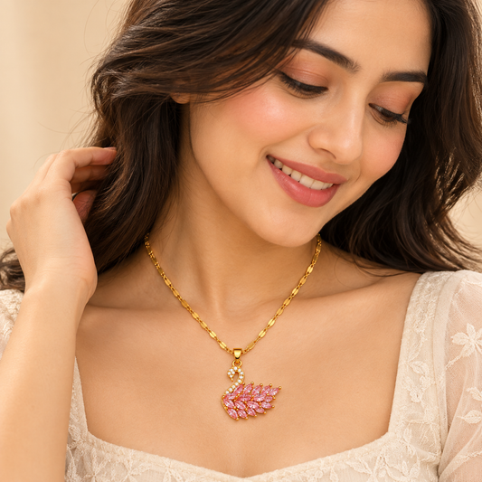 18K Gold Plated Pink Crystal Swan Pendant Necklace