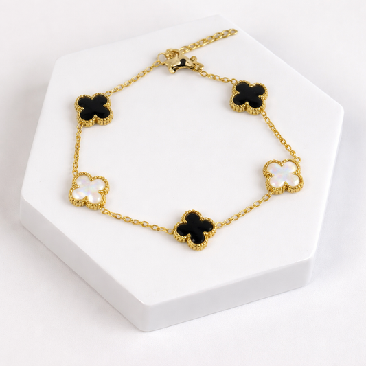 18K Gold Plated Black & White Clover Charm Bracelet