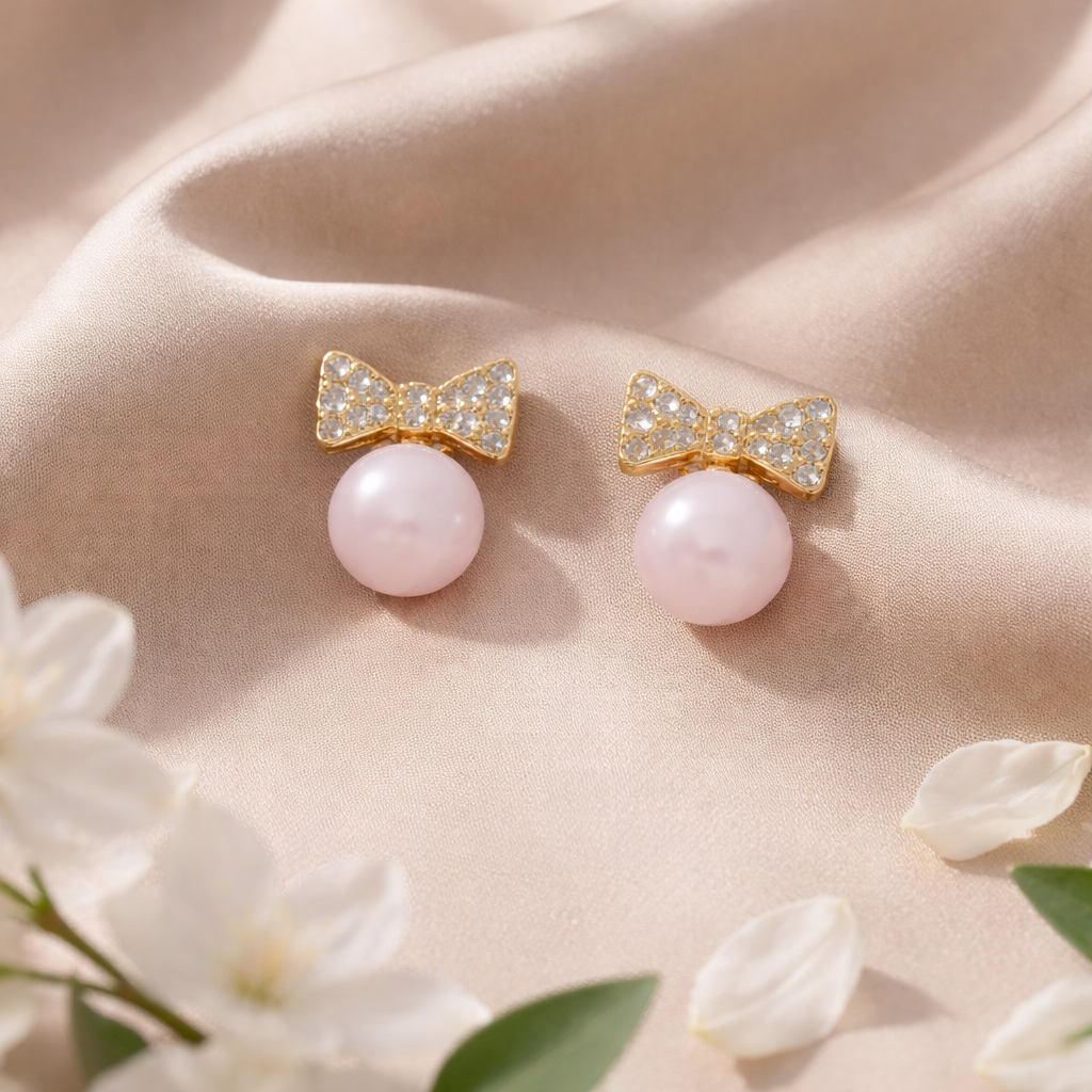 Celeste Pink Pearl Bow Earrings