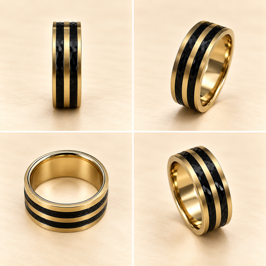 Men - Black Dual Stripe Gold Band Ring