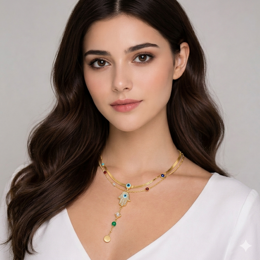 Golden Hamsa Evil Eye Layered Necklace