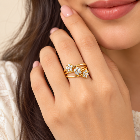 18k Gold Plated Floral Sparkle Trio Ring