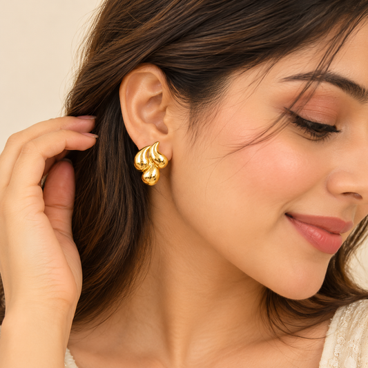 18K Gold Plated Molten Triple Drop Stud Earrings
