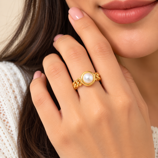 18k Gold Plated Classic Pearl Chain Ring