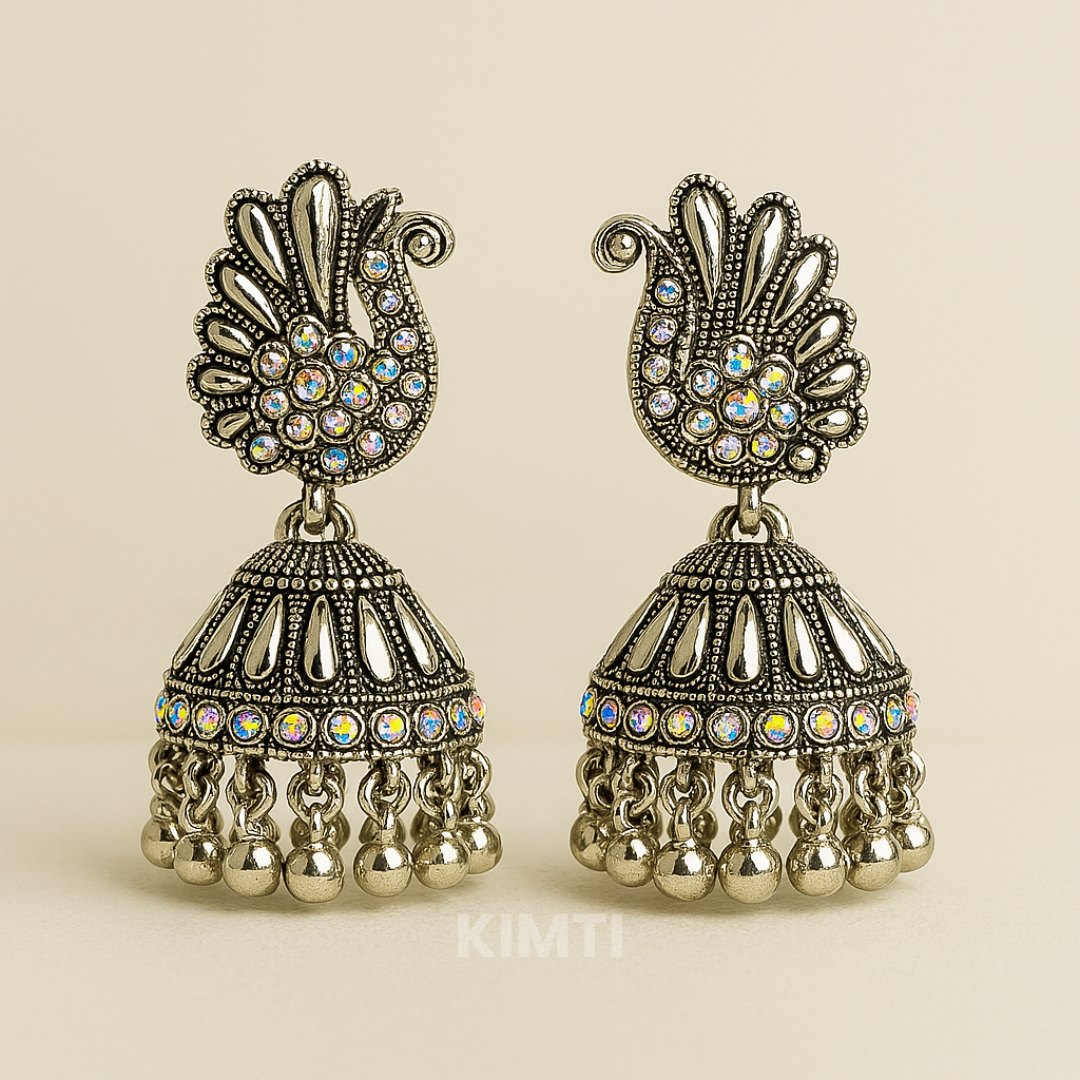 Silver Oxidised Peacock Jhumka Earring
