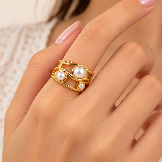 18k Gold Plated Triple Pearl Abstract Ring