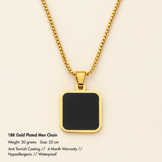 Men-18K Gold Plated Anti Tarnish Black Square Charm Chain