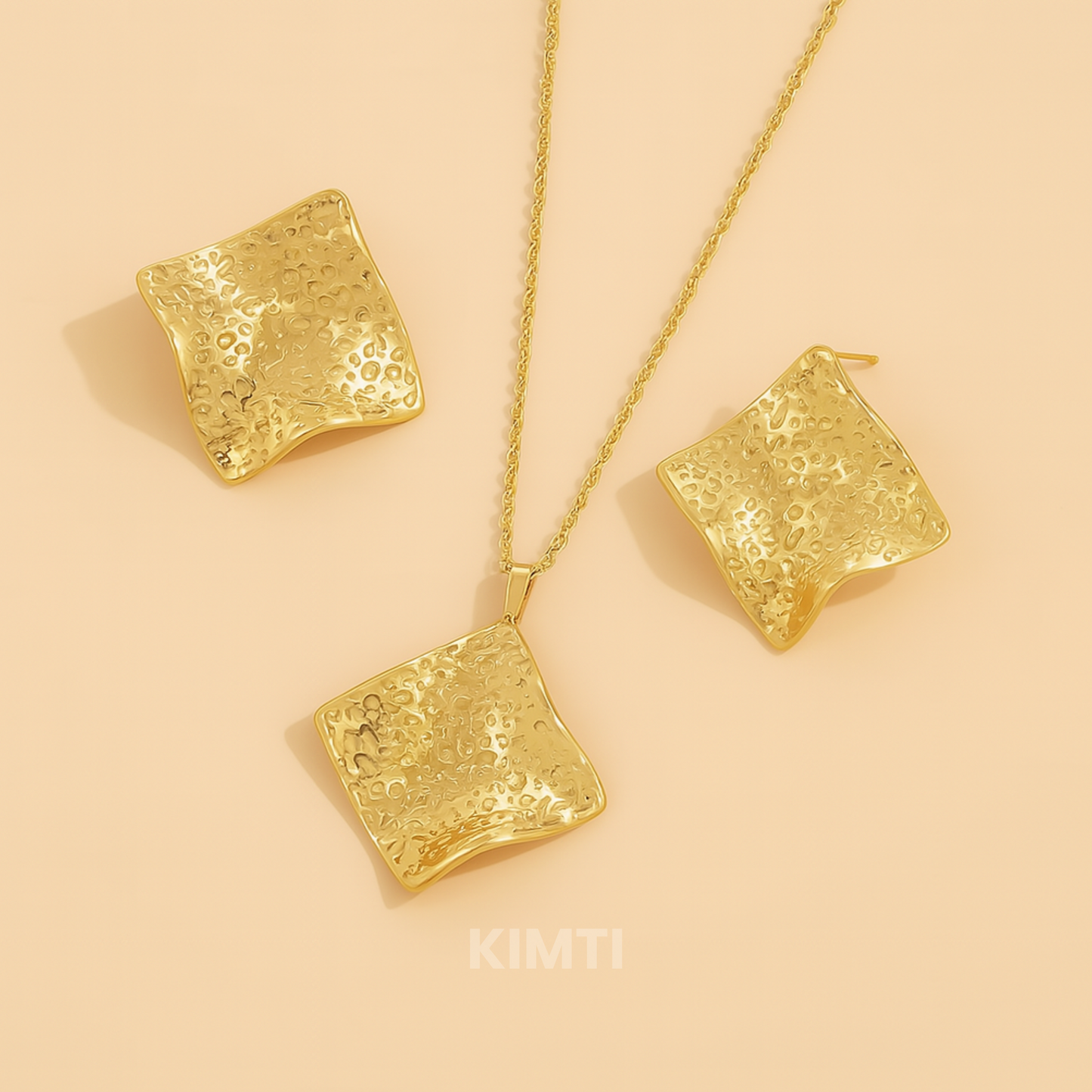 18k Gold Plated Textured Square Earring With Necklace