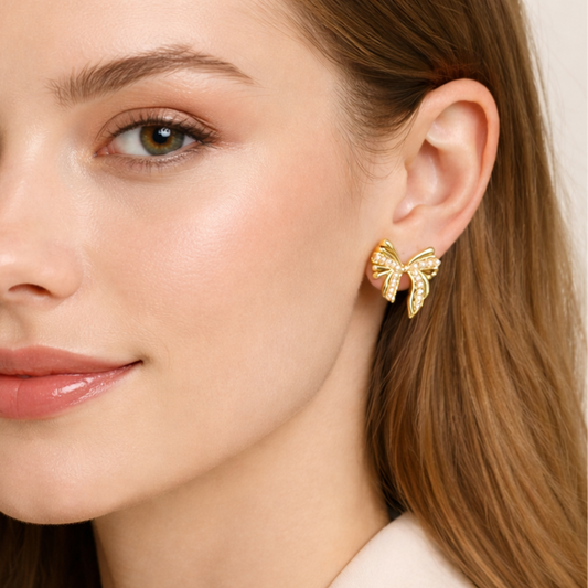 18k Plated Golden Bow Pear Earrings