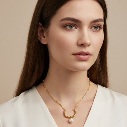 18K Gold Plated Twisted Chain Pearl Necklace