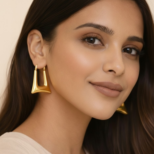 18K Gold Plated Golden Trapezoid Thick Hoop Anti Tarnish Earring