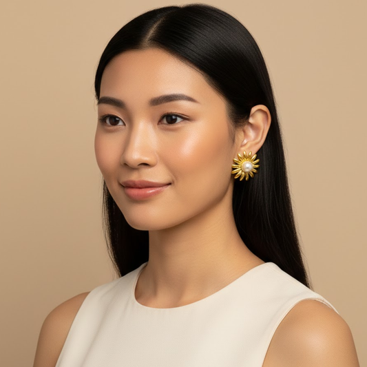 18k Gold Plated Sunbeam Petal Pearl Earring