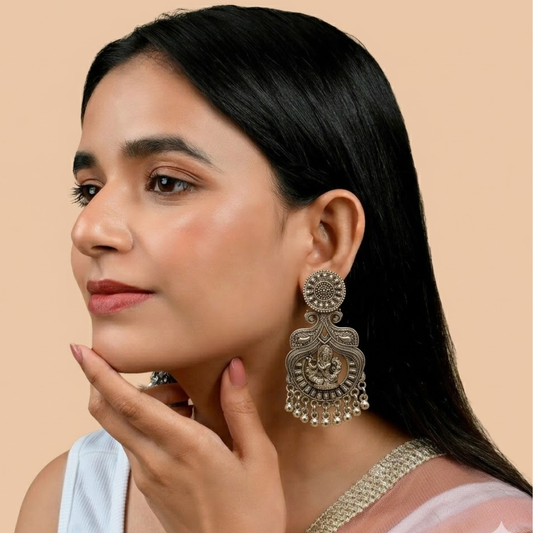 Oxidized Silver Krishna Temple Earrings with Beaded Drops