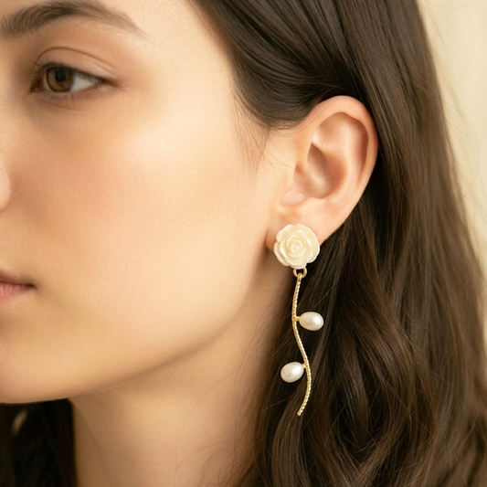 White Rosette Pearls Drops Earring