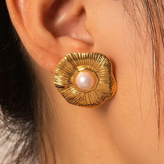 18K Gold Plated Sunburst Pearl Stud Earrings
