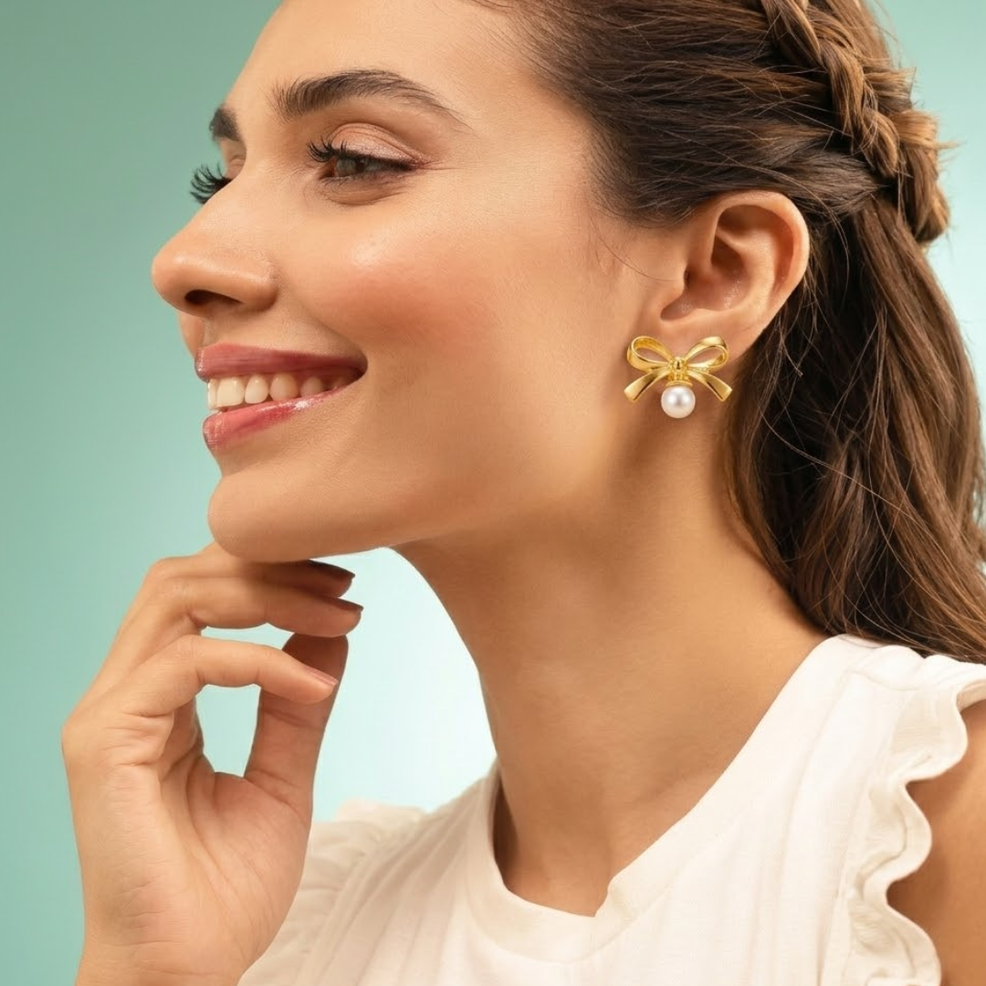 Golden Pearl Bow Stud Earring