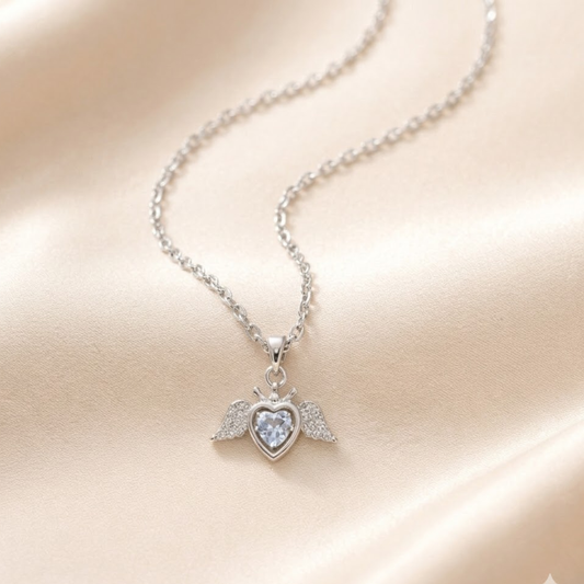 18k Silver Angel Wing Heart Pendant Necklace
