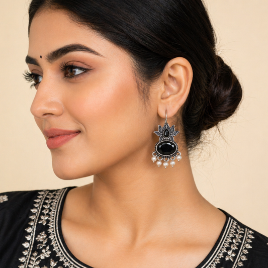 Midnight Lotus Pearl Oxidised Earrings