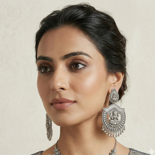 Oxidized Silver Lakshmi Temple Earrings with Lotus Motif & Beaded Drops