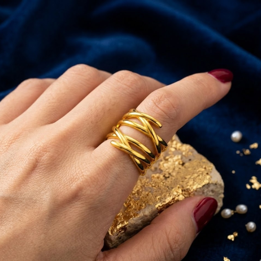 18k Gold Plated Luxe Crossline Cuff Ring