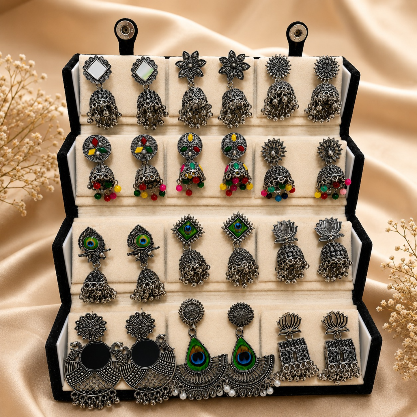 Designer Oxidized Silver Earrings Set – 12 Pairs