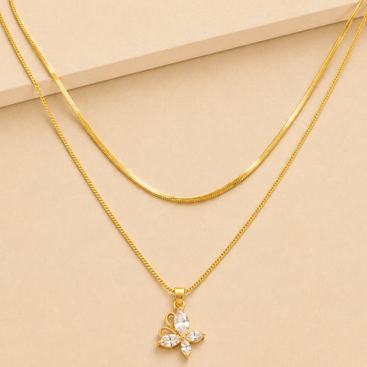 18K Gold Plated Crystal Butterfly Duo Layer Necklace