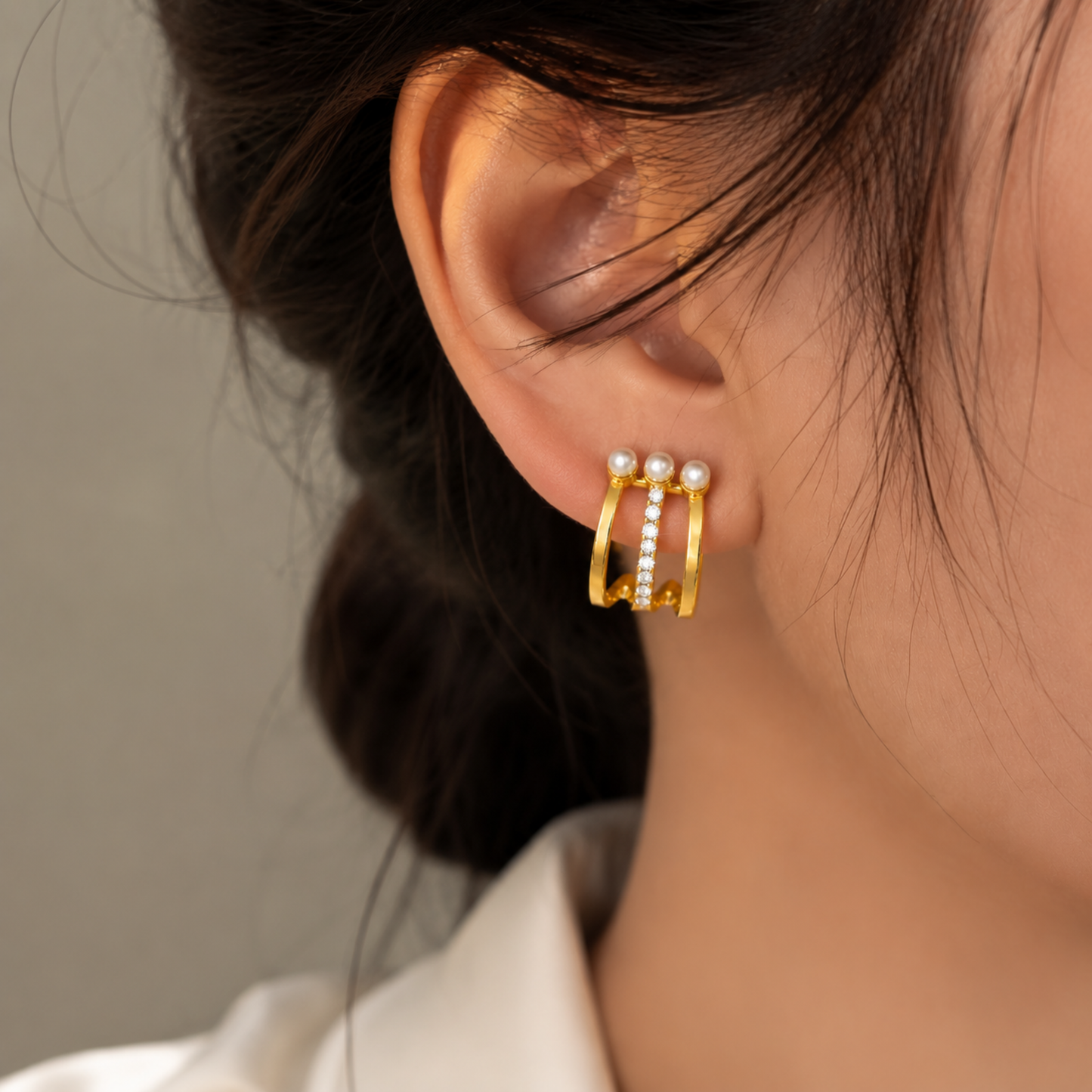 Classic Pearl & Crystal Hoops Korean Earrings