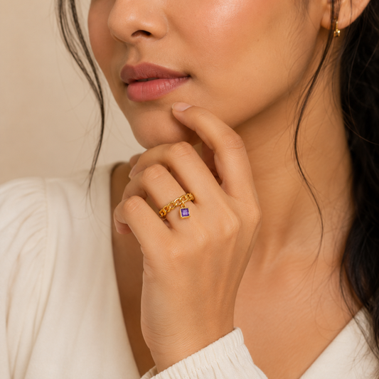 Golden Amethyst Square Ring