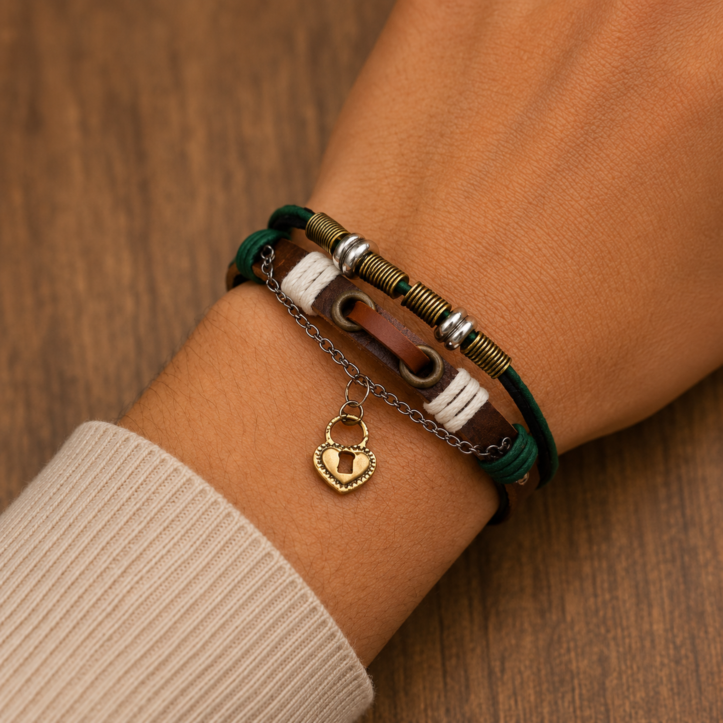 Men - Vintage Multi-Layer Leather Heart Charm Adjustable Bracelet