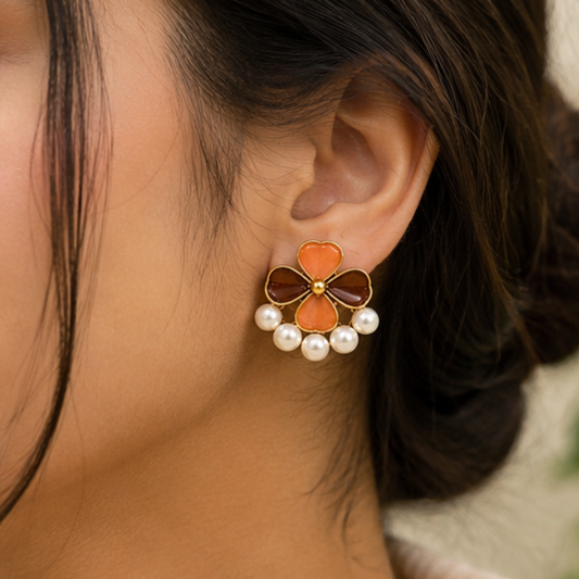 Orange Floral Rhinestone Earrings