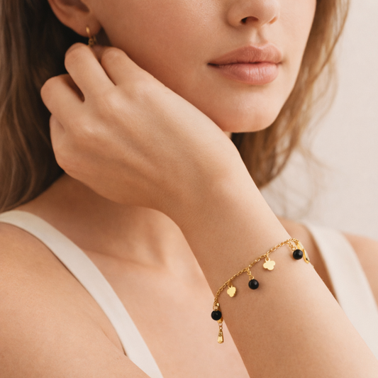 18K Gold Plated Black Stone & Flower Charm Bracelet
