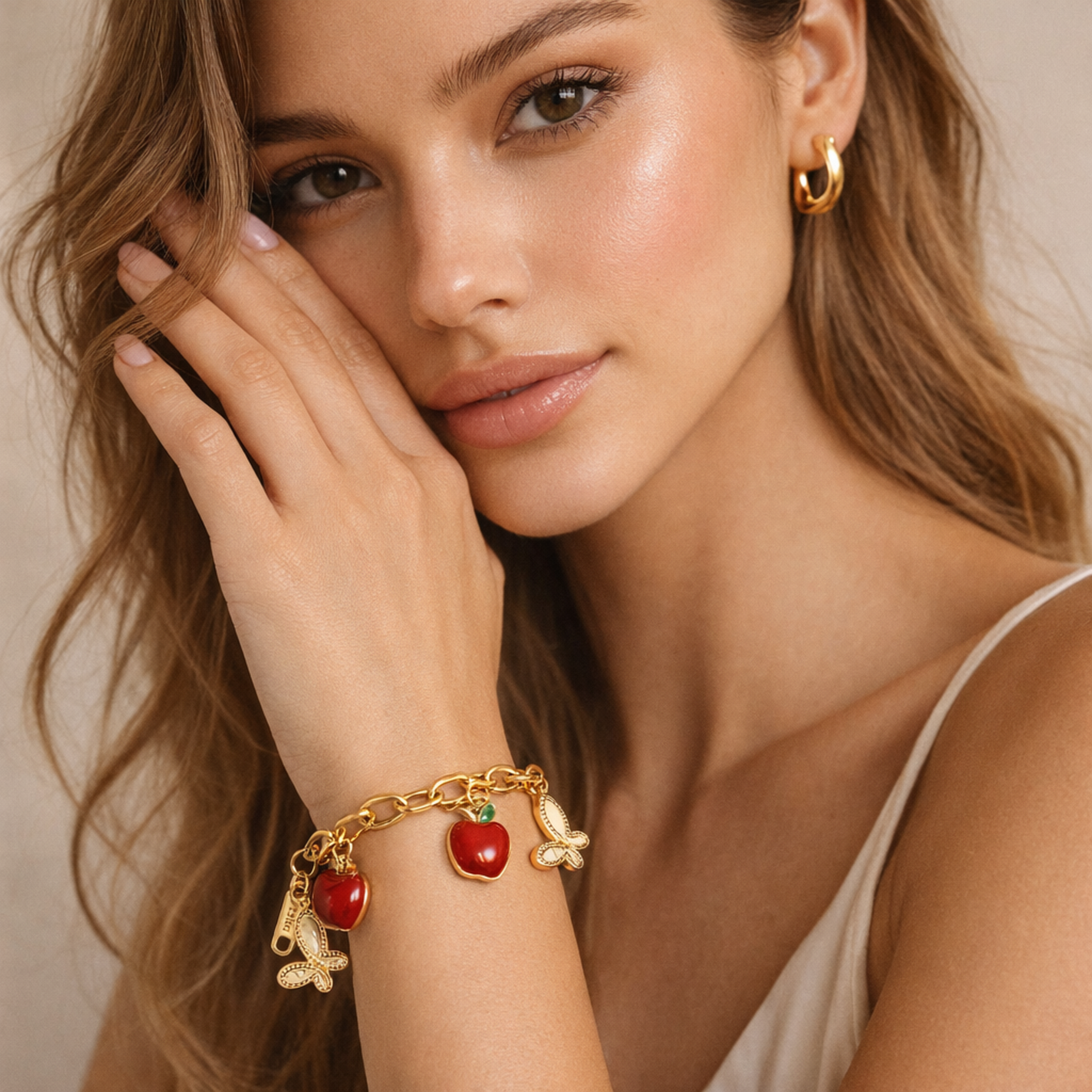 18K Gold Plated Red Apple & Butterfly Charm Bracelet