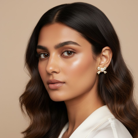 Heart Bow Pearl Crystal Gold-Plated Stud Earrings