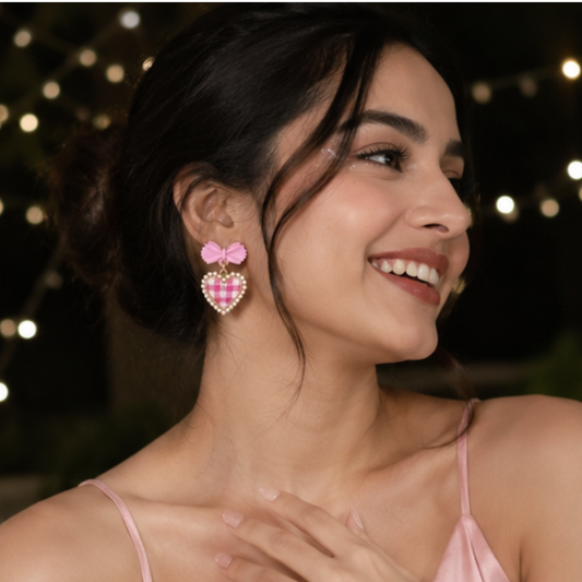 Pink Bow Heart Checkered Earrings