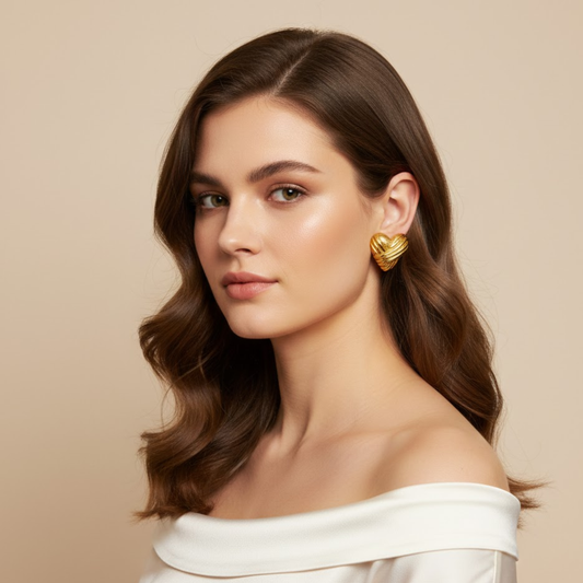 18K Gold Plated Heart Textured lines Stud Earrings