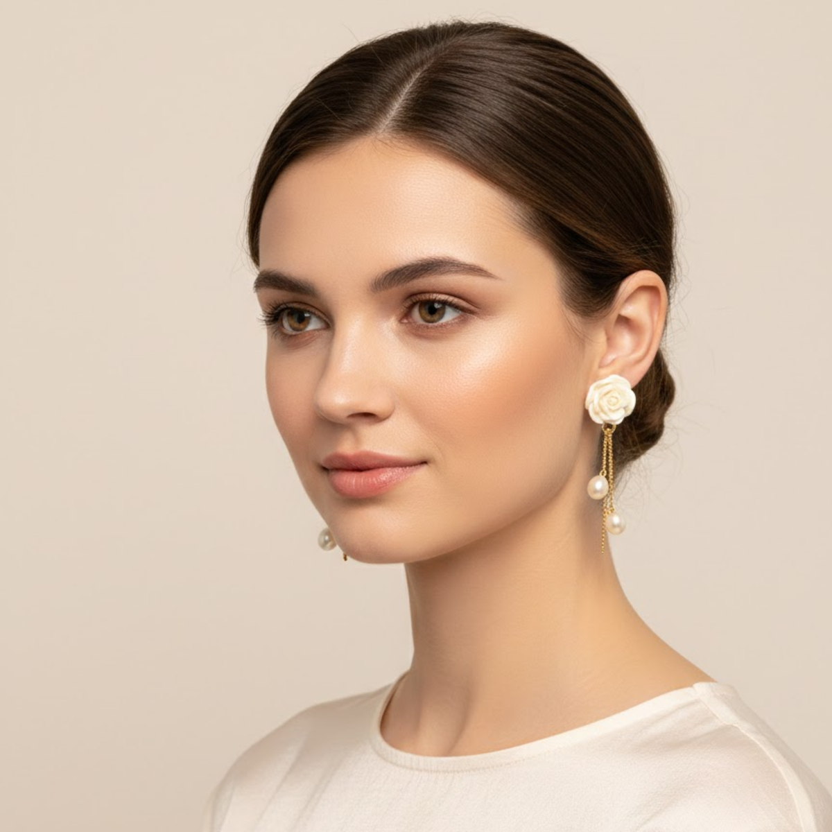 White Rosette Pearls Drops Earring