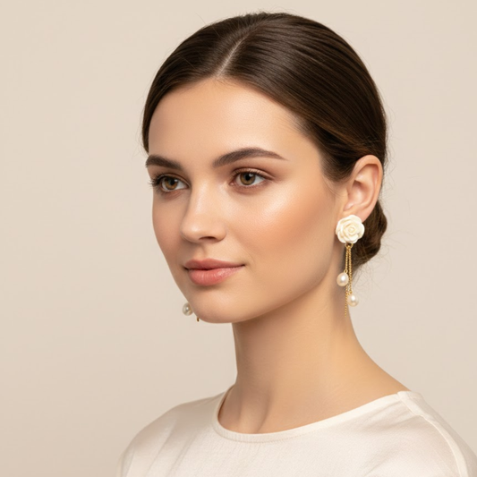 White Rosette Pearls Drops Earring