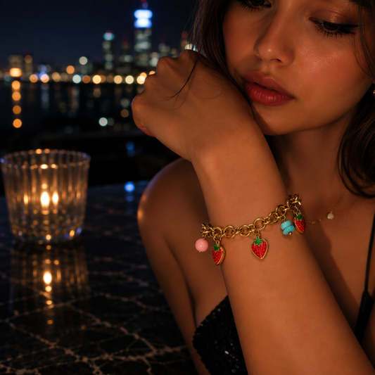 18K Gold Plated Strawberry & Bead Charm Bracelet