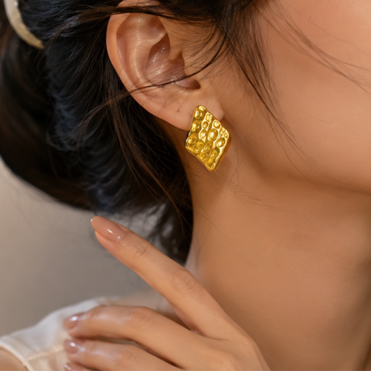 18k Gold Plated Rectangle Hammered Anti Tarnish Earring