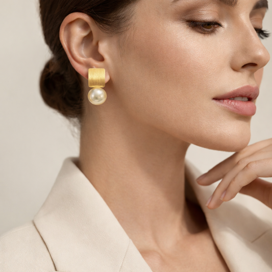 Gold Rectangular Pearl Stud Earring