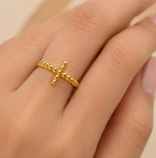 18K Gold Plated Beaded Cross Ring