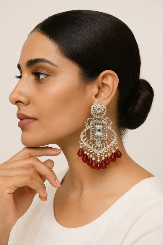 Silver Plated Mirror Earrings with Red Crystal Drops
