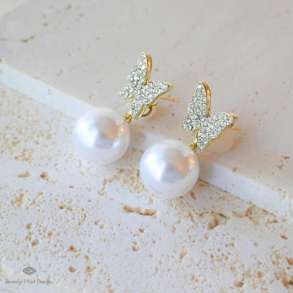 Butterfly Pearl Eardrop Stud Earrings