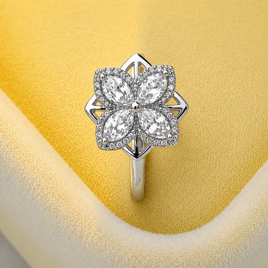 Luxury Four Petal Crystal Flower Ring for Women
