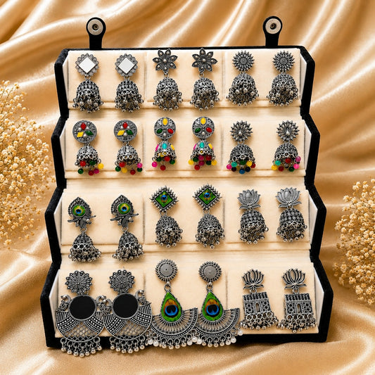 Designer Oxidized Silver Earrings Set – 12 Pairs