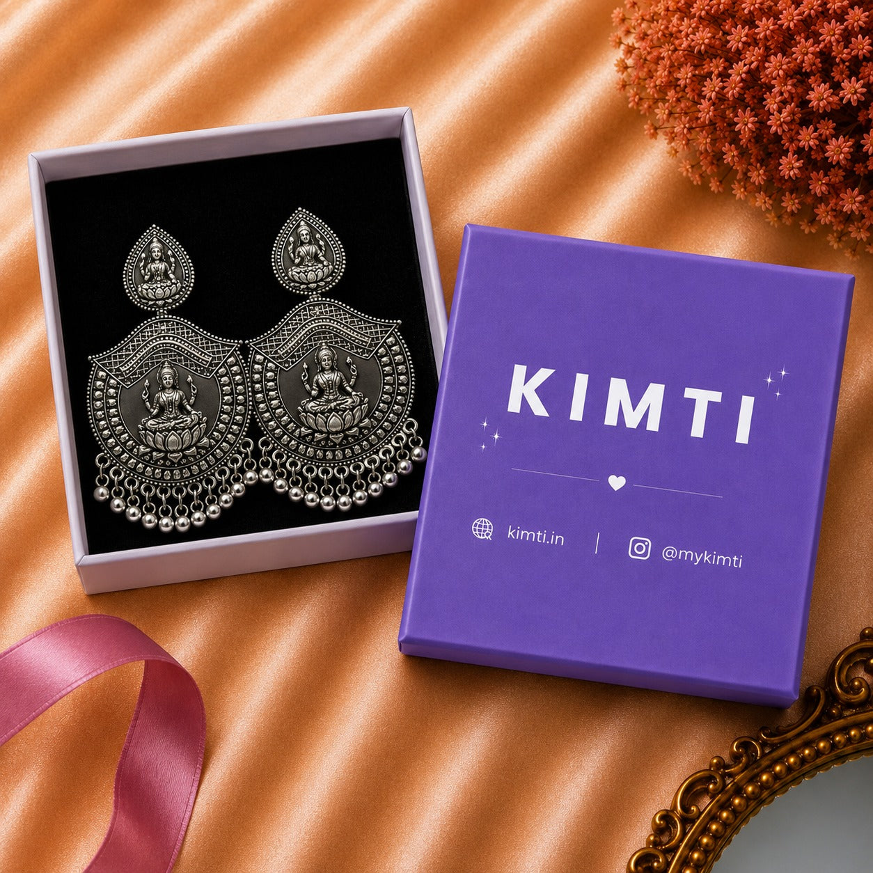 Oxidized Silver Lakshmi Temple Earrings with Lotus Motif & Beaded Drops
